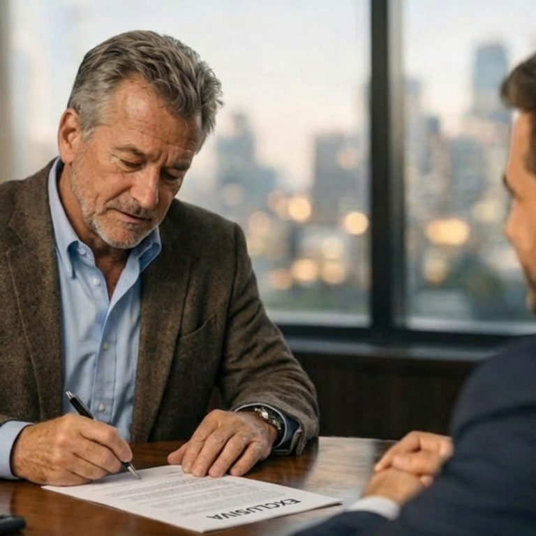 propietario firmando exclusiva Hombre firmado documentos en una mesa con otra persona en un entorno de oficina.