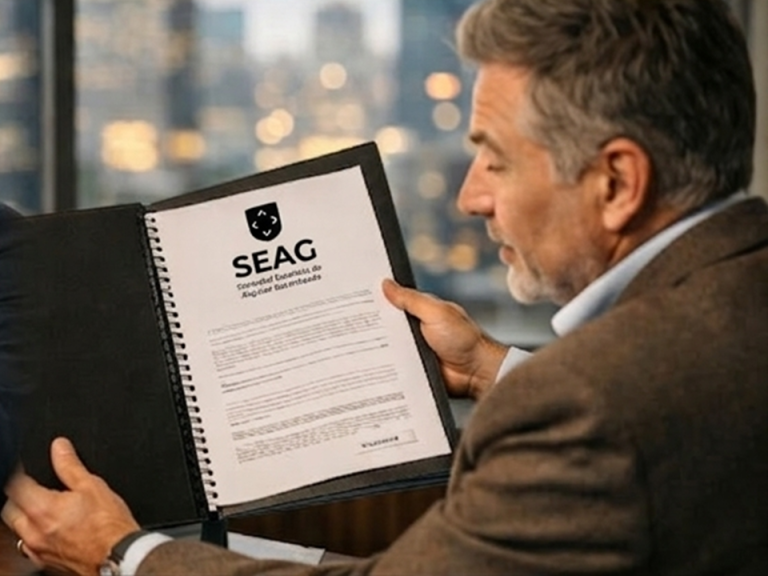 póliza anti ocupas propietario sosteniendo un documento en un carpeta con el logo de SEAC.