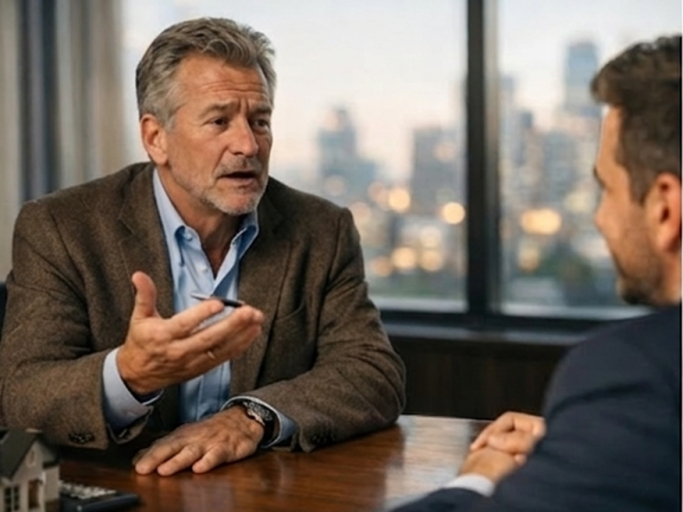 propietario y agente Hombre de mediana edad conversa animadamente en una oficina con vista a la ciudad.