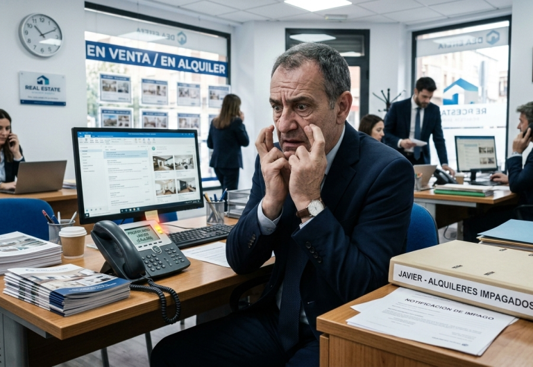 agente inmobiliario preocupado Hombre de negocios preocupado sentado en una oficina, usando el teléfono y mirando la pantalla.