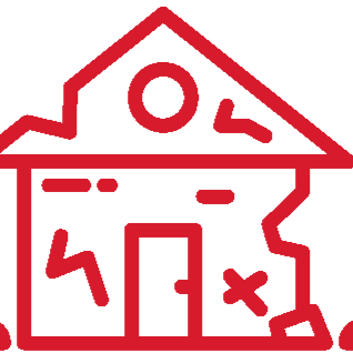 daños vandalicos Casa con daños visibles en la estructura y un sol en la parte superior.