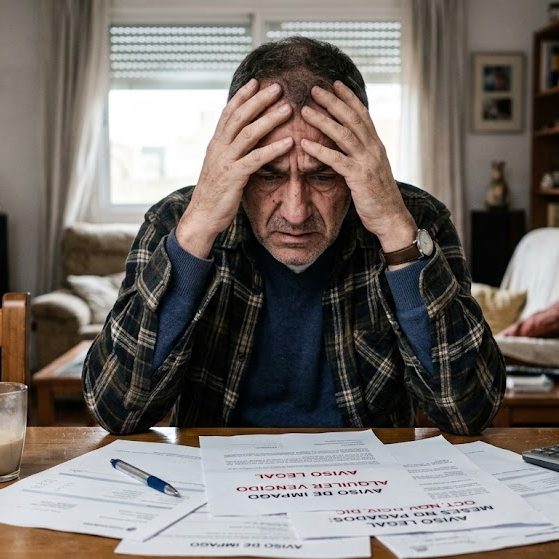 propietario preocupado Hombre estresado con las manos en la cabeza, rodeado de papeles y una bebida.