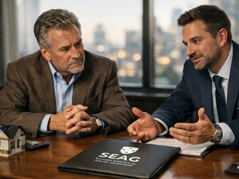 póliza antiocupas Dos hombres conversando en una oficina, con un documento que lleva el logo de SEAG.
