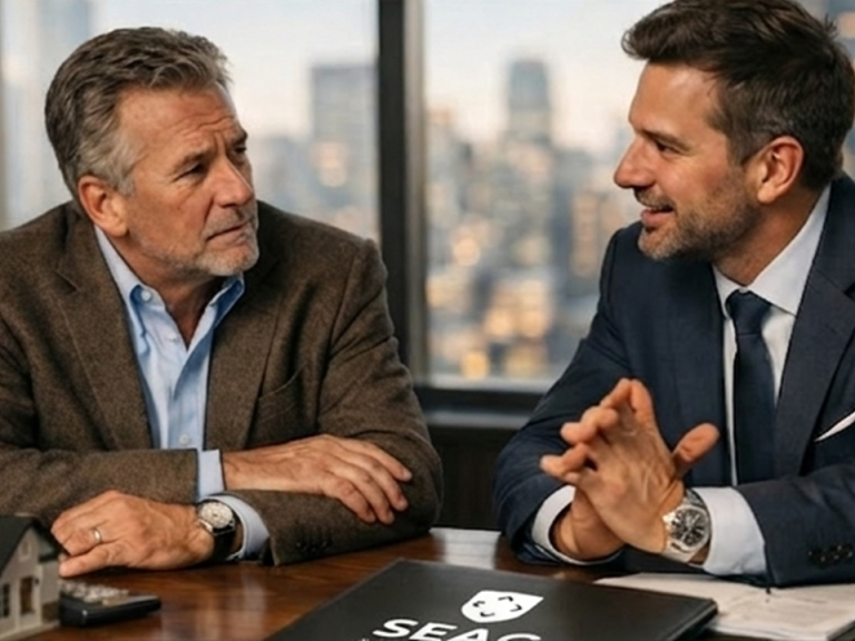 agente y propietario Dos hombres conversando en una oficina con vistas a la ciudad, ambos con trajes elegantes.