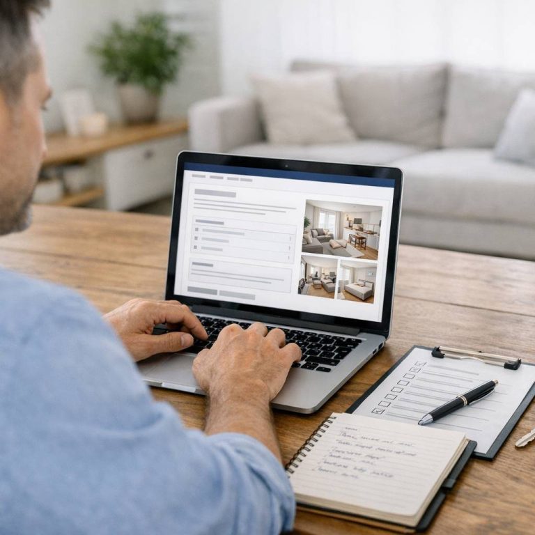 scoring online Hombre trabajando en laptop con anotaciones en una mesa, en un ambiente doméstico.